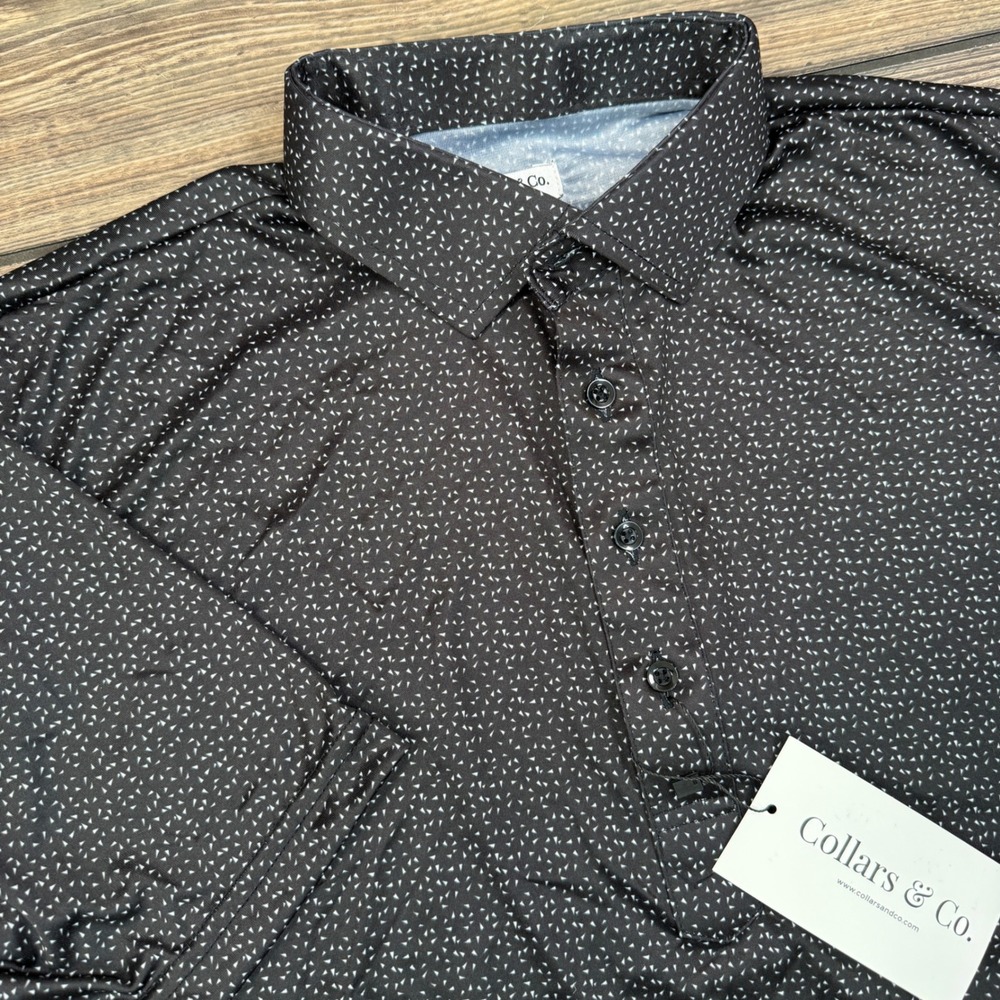 Collars & Co. Mens Dress Collar Polo Large Black White Geometric Micro Print NEW - Picture 1 of 7